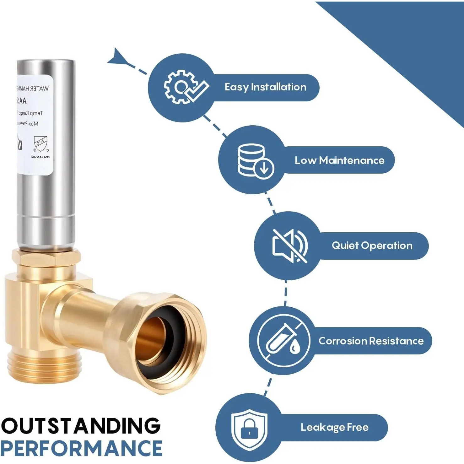 Tee Stainless Steel Water Hammer Arrestor for Washing Machine, 3/4 Inch Swivel FHT x 3/4 Inch MHT, Protect Your Plumbing from Noise and Damage, Angle(Pack-2)