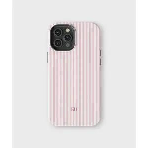 Personalized Pink Striped Smartphone Cover, Customized Monogram Aesthetic Design for iPhone 17,16,15,14,13,12,11,X,Pro Max,Plus - Tough Shockproof Protection for Devices, Beachy Preppy Style Cellphone Accessory (No Warranty)