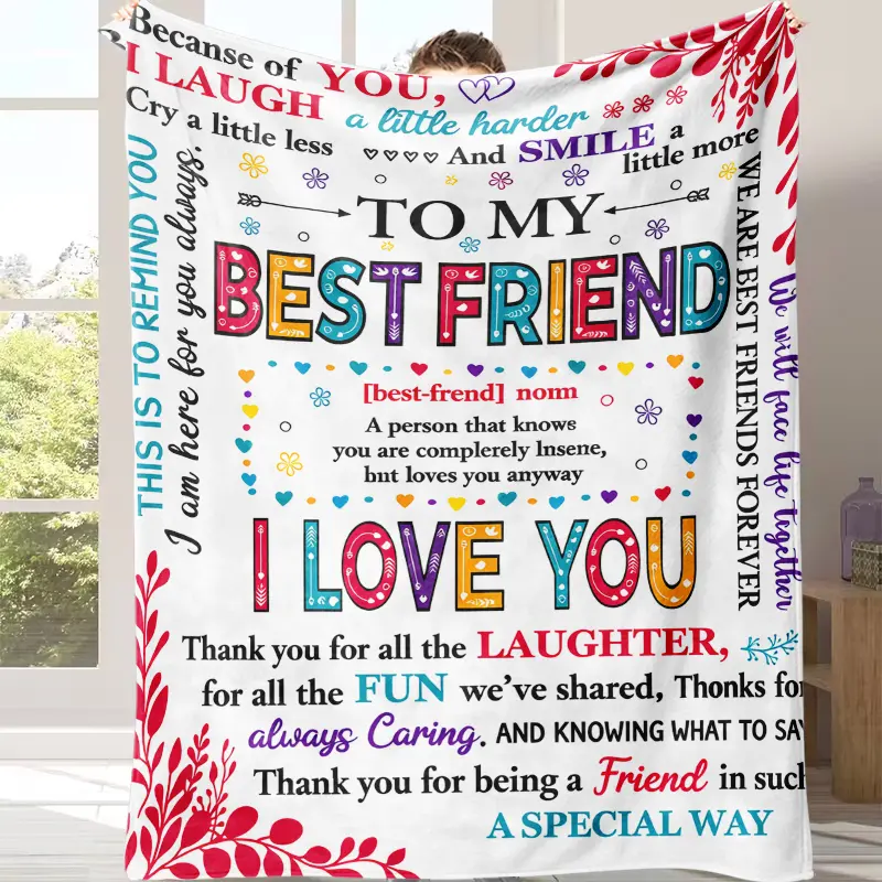 To My Best Friend Quote Throw Blanket, Colorful Heart Floral Best Friend Definition Text Fleece Blanket, Soft Warm Blanket For Sofa Bed Couch Office Nap, Holiday Birthday Christmas Gift For Women Girl Best Friends BFF