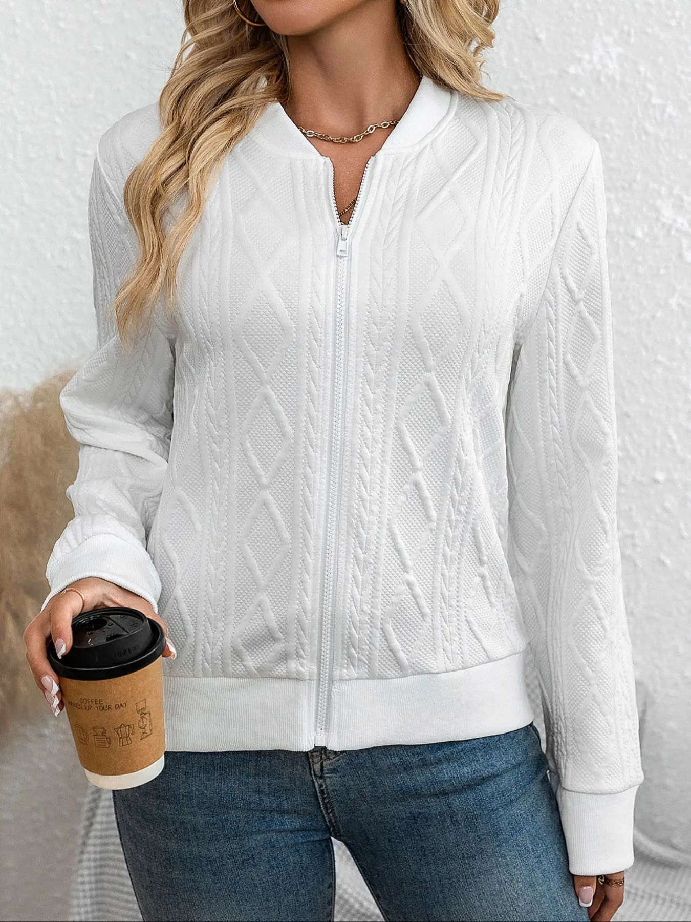 Women's Fashion Casual Basic Zipper Texture Jacquard Long Sleeve Casual Lightweight Jacket Coats, Perfect for Spring & Fall Seasons, Stylish Fitted Outerwear for Daily Wear, Lady Womenswear