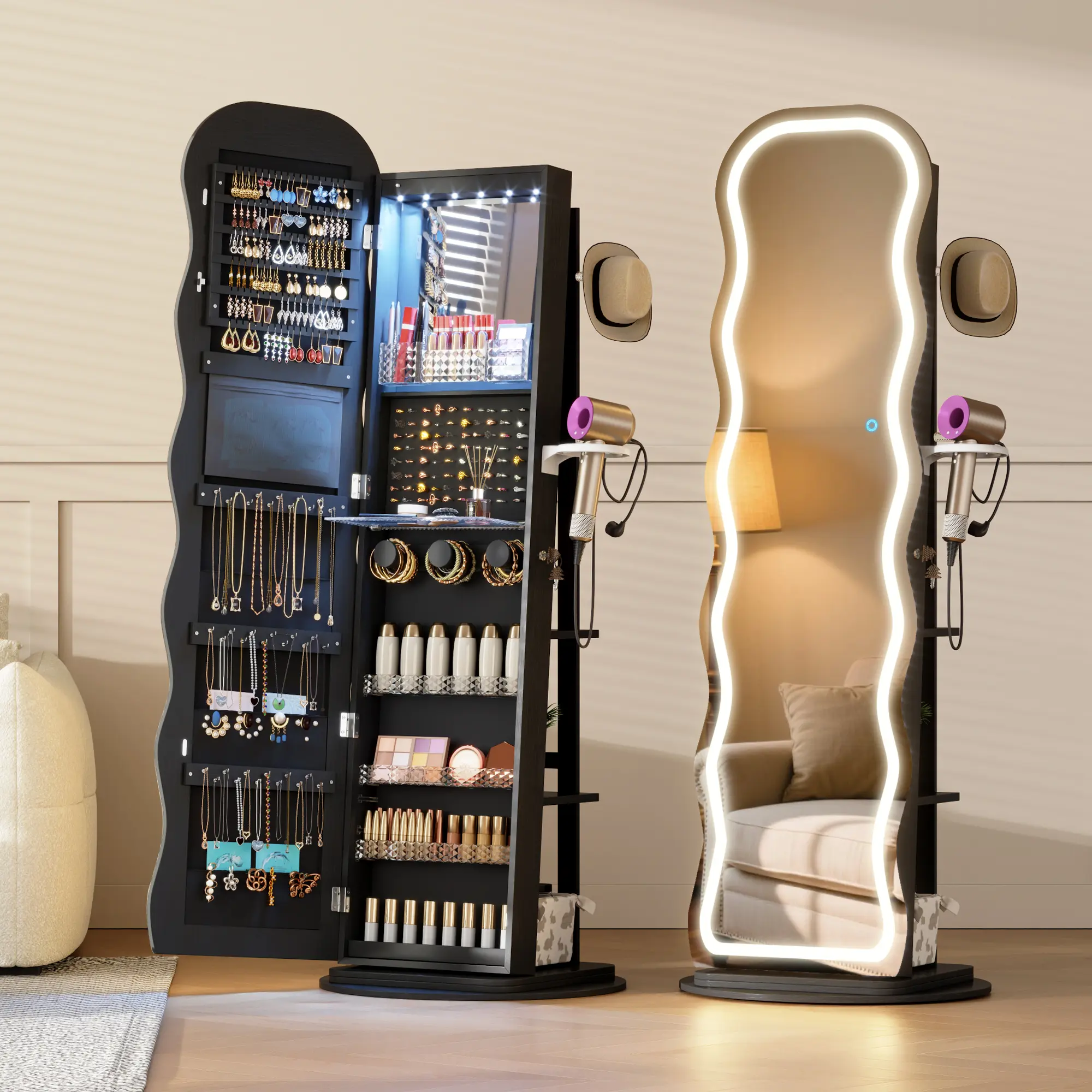 Vlsrka LED Mirror Jewelry Cabinet Standing, 360° Swivel Jewelry Aromire Organizer with Wavy Mirror, Lockable Jewelry Mirror with Storage, Jewelry Cabinet, Interior Mirror, Foldable Shelf