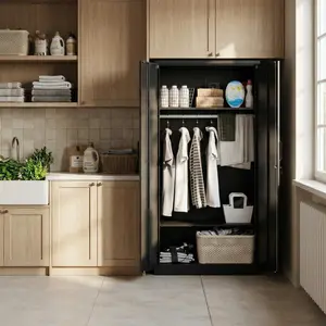 73 Inch Metal Wardrobe Cabinet with Lock, Tall Storage Locker with Hanging Rod, 2 Drawers and 2 Adjustable Shelves, Steel Clothing Cabinet for Home Office Gym