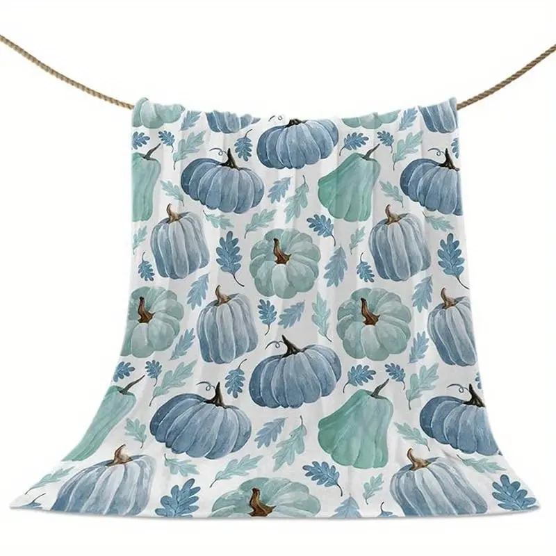 300GSM Autumn Blanket Tiffany Blue Pumpkin Blanket Soft and Comfortable Flannel Wool Aqua Blue Autumn Leaves Blanket Sofa Bed Chair Festive Gatherings Thanksgiving Decorations All Seasons