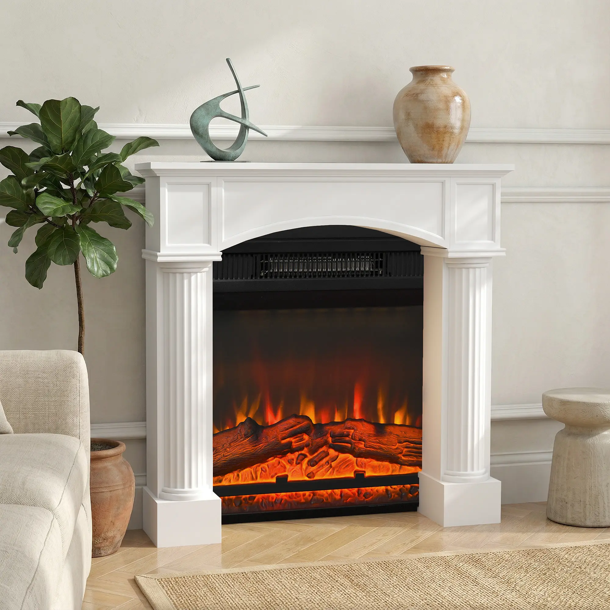 Modern Fireplace Mantel – Freestanding Fireplace Surround for Electric Fireplaces. 43.3"W x 9.25"D x 39.8"H. 66 lbs Weight Capacity. Anti-Tipping Design. White