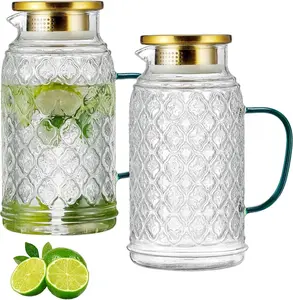 Glass Pitcher with Lid and Handle, 2 PACK 68 oz/2 Liter Vintage Design Fridge Water Pitcher, Borosilicate Glass Water Carafe for Hot/Cold Water,Coffee,Iced Sun Tea,Heat Resistant
