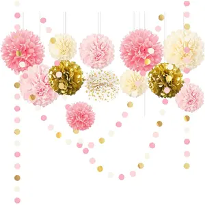 Wedding Baby Shower Decorations Set,15PCS Pink Gold Tissue Paper Pom Poms,Circle Dots Colorful Paper Garland String Hanging Backdrop for Birthday Party,Gender Reveal Celebration Decor