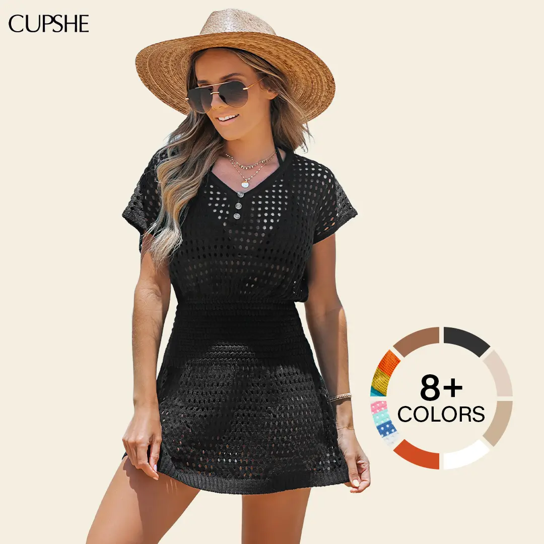 CUPSHE Women's Boho V-Neck Short-Sleeve Crochet Beach Cover Up - Cinched Waist, Slim Fit Mini Casual Dress, Streetwear Essential - Basic, Comfortable 2026 Summer Vacation Swimwear Accessory