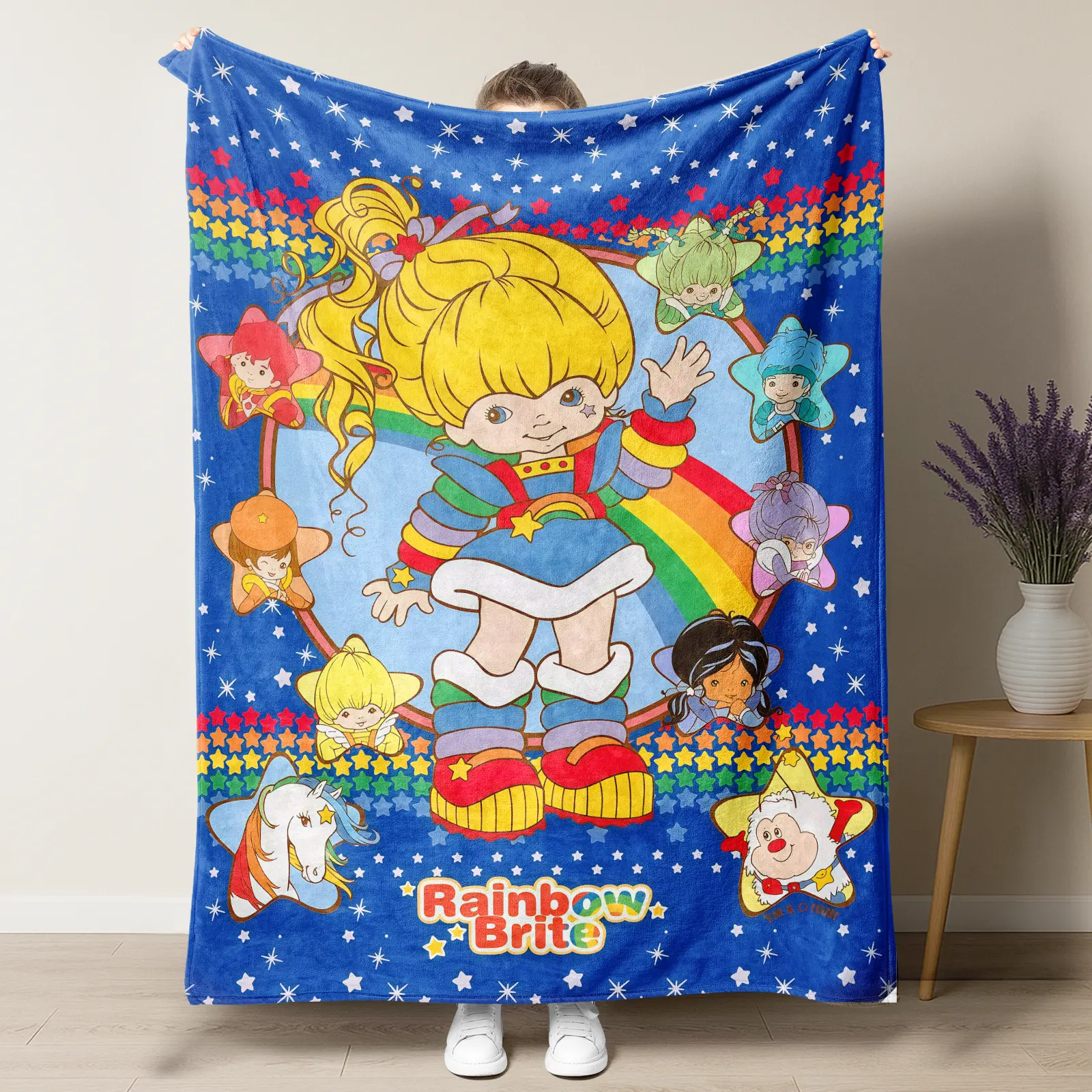 Rainbow Brite Character Collage Lightweight Blanket,Retro Cartoon Starry Border Throw,Cozy Blue Fleece Blanket Featuring Rainbow Brite and All Her Friends, Iconic Childhood Gift