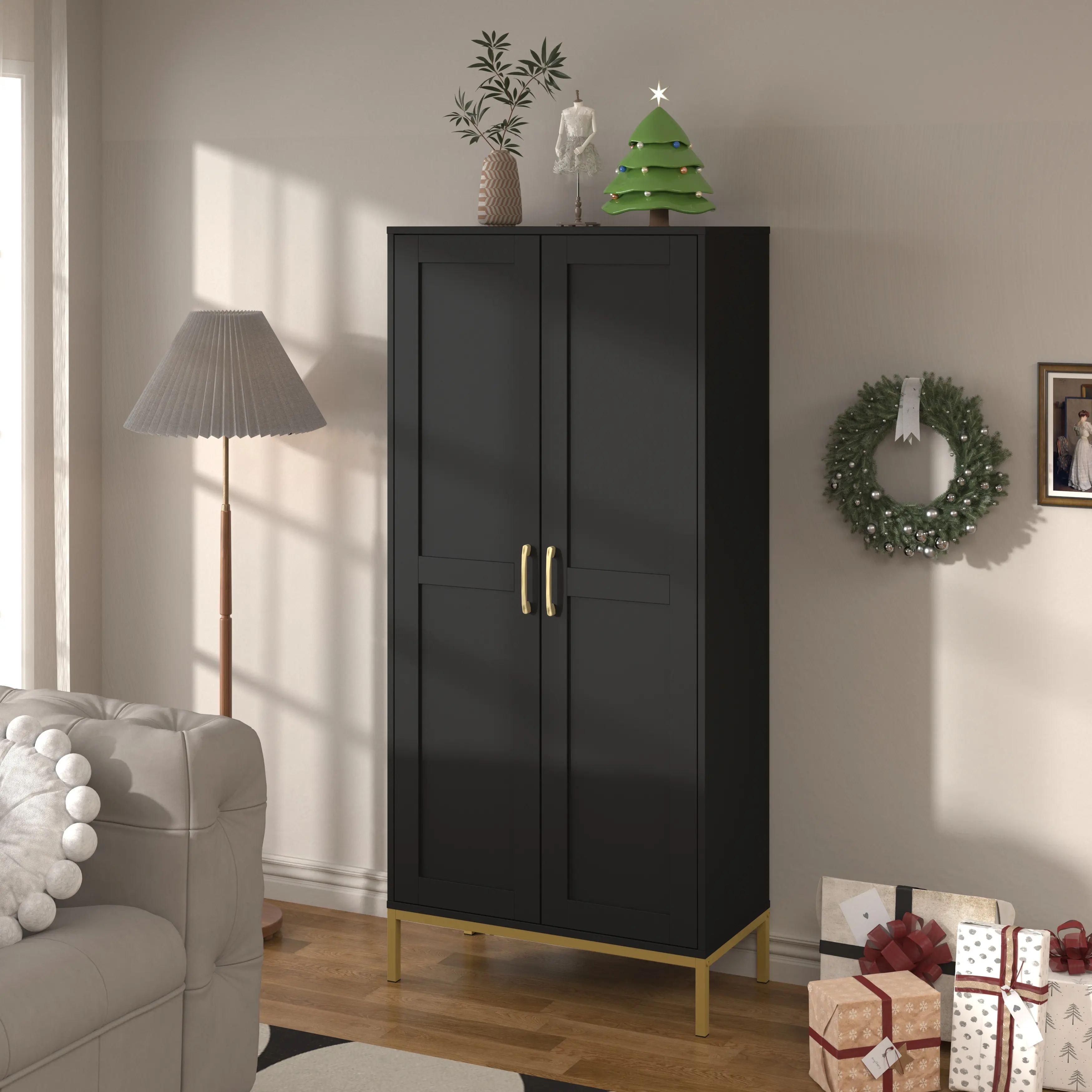 60in Indoor Freestanding Cupboard - Modern 2-Door Lockable Wood Floor Credenza Cabinet with 3 Adjustable Shelves, Clean Design, High Storage Capacity Utility Furniture, Assembly Required for Kitchen, Laundry Room