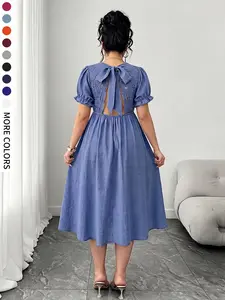Plus Size Women's A-Line Short Sleeve Dress, Back Lace Insert, Large Bow Tie, Elegant and Comfortable, Perfect for Daily Wear, Dates, Friends Gatherings