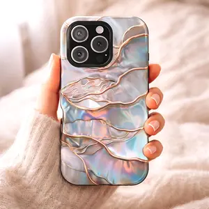 Stained Glass Seashell Protective Cellphone Case, Faux Mosaic Coquette Coastal Casing for iPhone 17-13 Pro Max, Handheld Abalone Shell Accessory with Screen Protector Compatibility