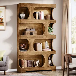 LITTLE TREE 4-Tier Large Bookshelf, 70.8-Inch Tall Bookcase with Classic Storage Shelves, All Wooden Modern Asymmetrical Display Rack, Big Open Book Shelf for Living Room, Bedroom,  Home Office, Oak