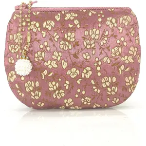 Handmade Women Coin Purse Rosary Pouch Silk Jewelry Bag Brocade Zipper Wallet - PaleVioletRed