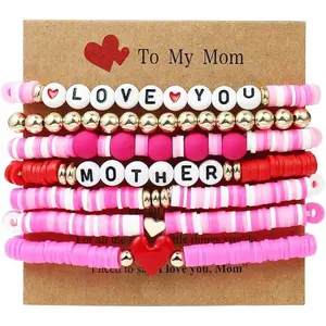 Love Bracelets for Women Heishi Surfer  Clay Bead Bracelet Set Love Heart Boho Cute  Red Stackable Stretch  Mother's Day Birthday Mom Mama Gifts