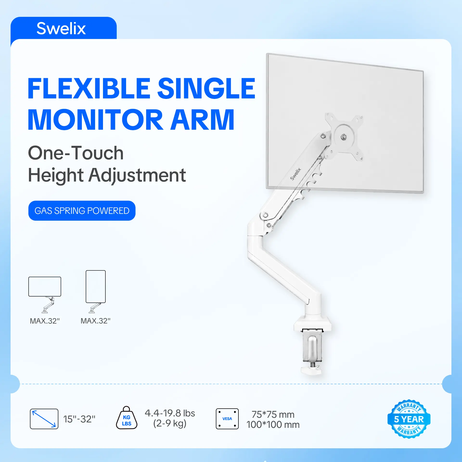 SWELIX Sturdy Flexible Single Monitor Arm & Laptop Holder, Computer Desk Mount for 15-32" Monitors (Gaming Compatible), Quick-Release VESA Plate, VESA Mounts, Cable Management, 19.8lbs Capacity, C-Clamp/Grommet Install, Monitor For Gaming