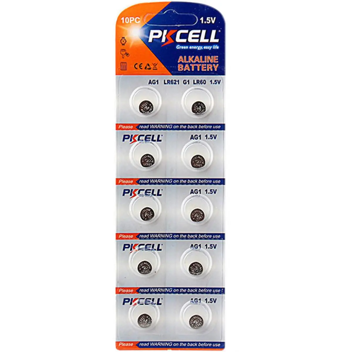 Pkcell AG1 Alkaline Button Cell Batteries, Pack of 10 with 2 Year Life, 1.5V Consistent Power for Electronic Watches, Toys & Remotes (Replaces LR621)