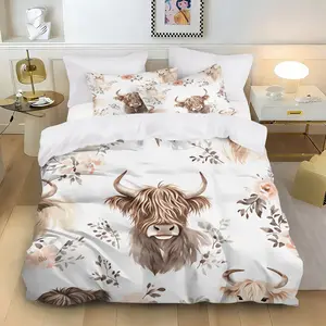 3-piece Hua Ye Cattle Print Bedspread Set (1 bedspread + 2 pillowcases, not including the core), soft and comfortable bedding, suitable for bedroom, dormitory, guest room and home decoration Decorative Bedding Set