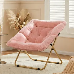【fathersdaygift】Arlopu Comfy Saucer Chair, Oversized Foldable Lounge Lazy Chair, Soft Faux Fur Reading Chair for Teens Adults, Stable Metal Frame Moon Chair for Living Room, Bedroom, Dorms, Office, X-Large