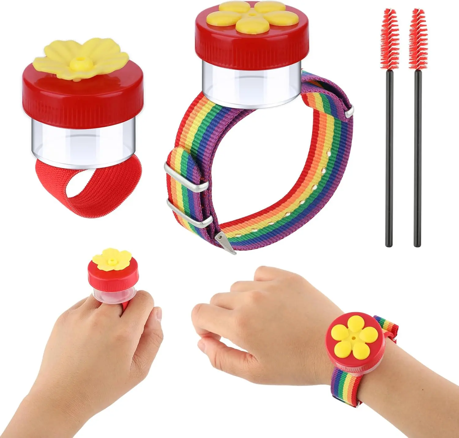 2-Pack Adjustable Fit Flower-Shape Hummingbird Feeders, Leak-Proof PP+Nylon Mini Hand-Held Ring & Wrist Feeders with 2 Cleaning Brushes for Outdoor Use (Rainbow)