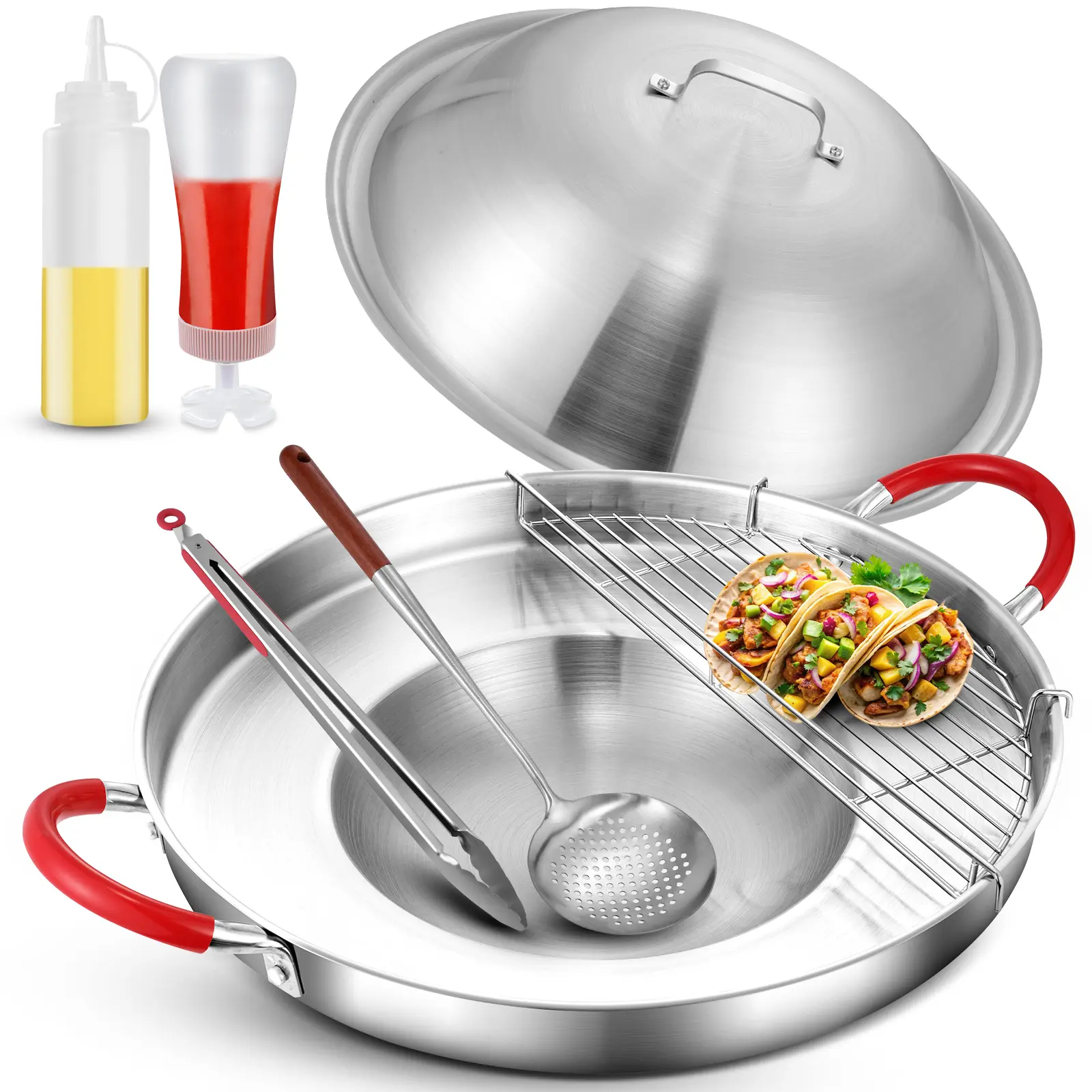ARC Stainless Steel Outdoor 20" Mexican Comal Griddle Pan, 7Pcs Discada Disc Cooker, Large Cookware Set, Domed Lid, Cooking Rack, Tongs, Shallow Colander and 2 Squeeze Bottles, Disco Para Cocinar