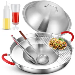 ARC Stainless Steel Outdoor 20" Mexican Comal Griddle Pan, 7Pcs Discada Disc Cooker, Large Cookware Set, Domed Lid, Cooking Rack, Tongs, Shallow Colander and 2 Squeeze Bottles, Disco Para Cocinar