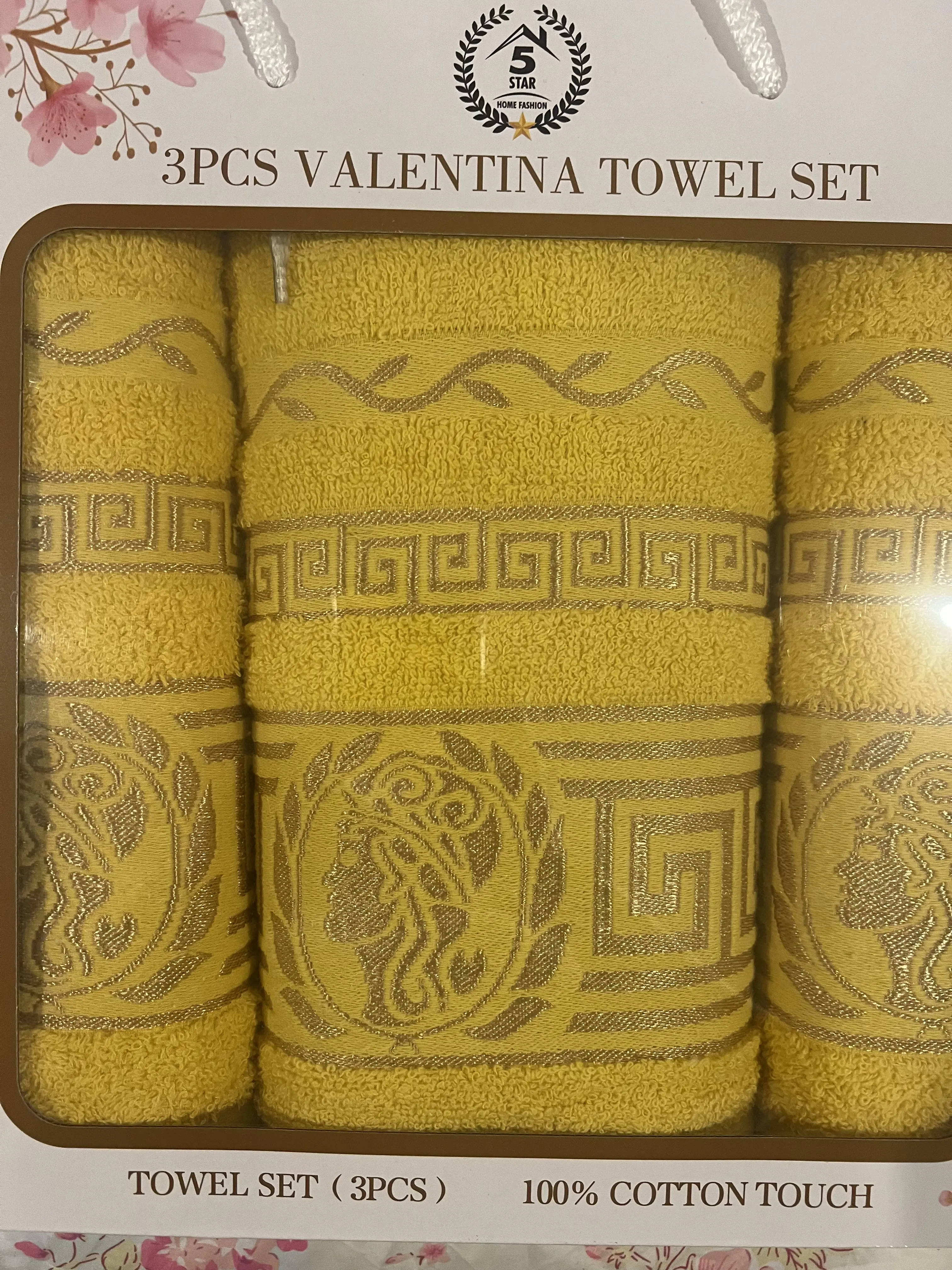 Valentina 3-Piece Cotton Towel Set - 100% Cotton, Yellow Geometric Greek Key Pattern, Soft Water Absorbent, Ideal for Bathroom Use & Decor, Cotton Towels, Water Absorbent Towel