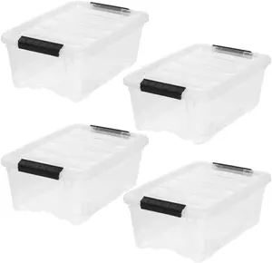 4-Pack Storage Bins with Lids, 13 Quart, Made in USA Stackable See-Through Organizing Solution Latches Durable Nestable Containers Secure Pull Handle, BPA-Free Plastic