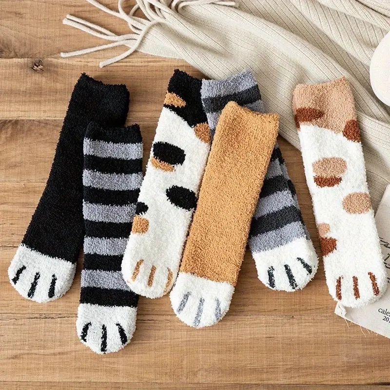 6Pairs Cute Cat Paw Socks Woman,Funny Comfortable Crazy Slippers Polyester Knit Fabric,Elastic Full Socks,Funny Novelty Silly Soft Socks Christmas Gift Socks