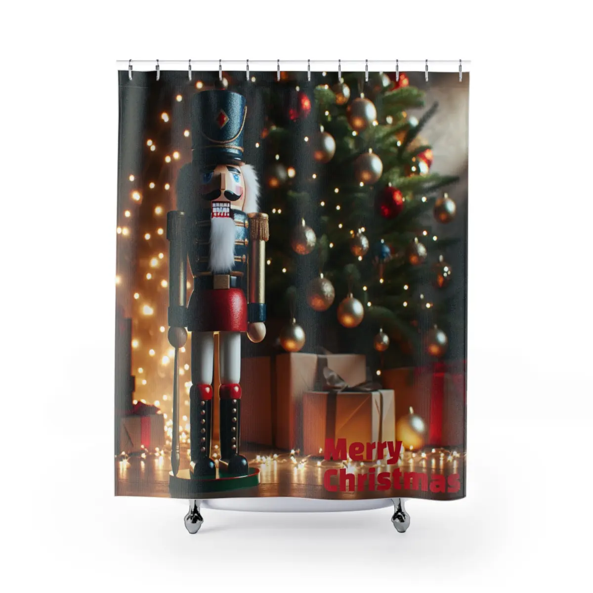 Nutcracker Christmas Shower Curtain - Holiday Festive Bathroom Decor, Xmas Home Decoration, Winter Snowflake Bath Curtain, Red Green White