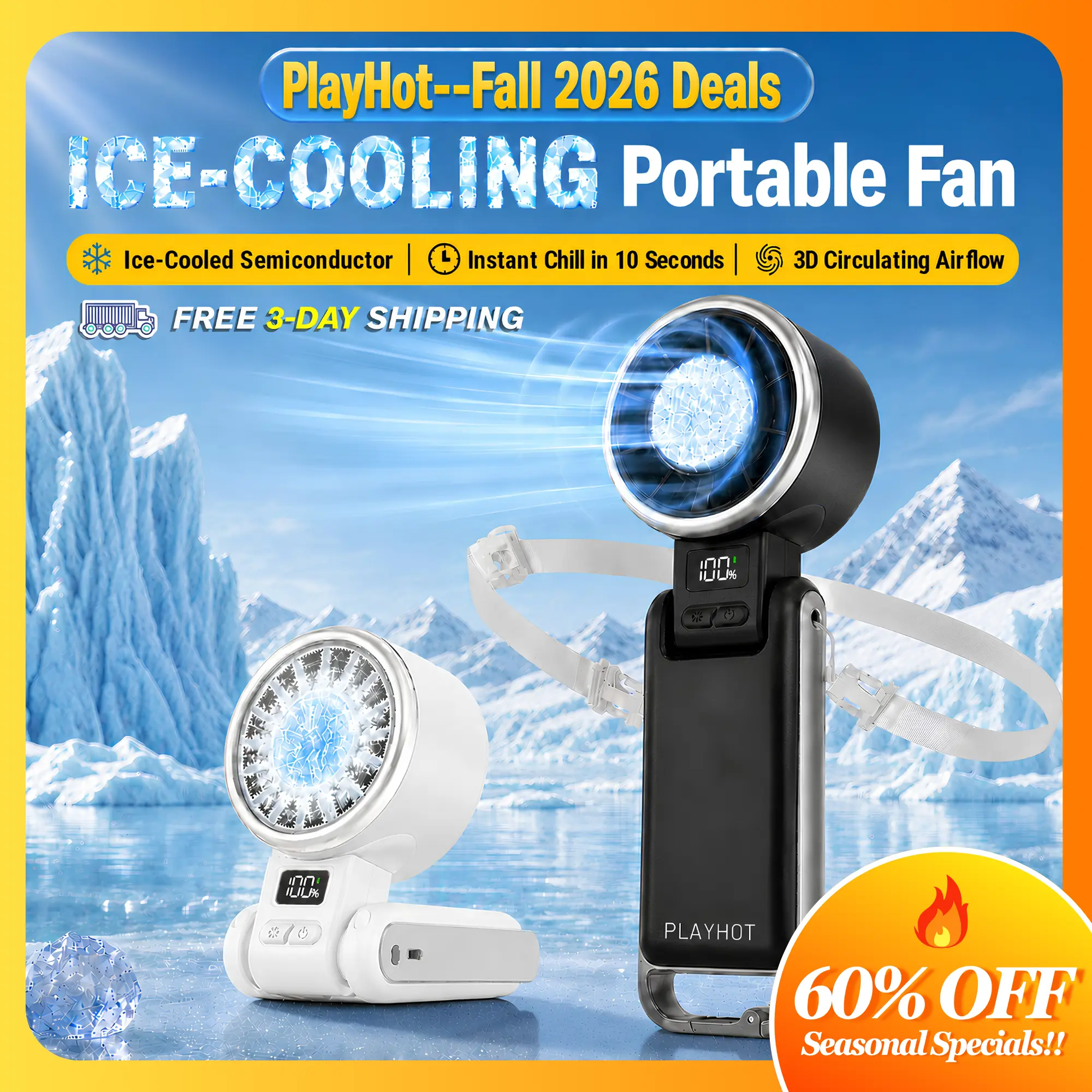 PLAYHOT Multifunctional Cooling Fan - Mini Cordless Wireless Rechargeable 25550RPM Ice-Chilling AC-Free Home Appliance, Mama-Approved Mini Travel Products for Car/Theme Park, Hot Summer Energy Saver with Batteries