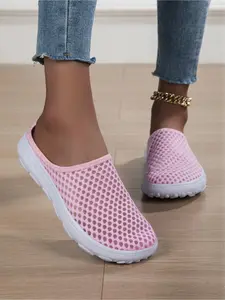 Women's Platform Mule Sneakers Backless Slip On Walking Shoes Breathable Fly Woven Fabric Non Slip Outdoor Casual Shoes Flatform