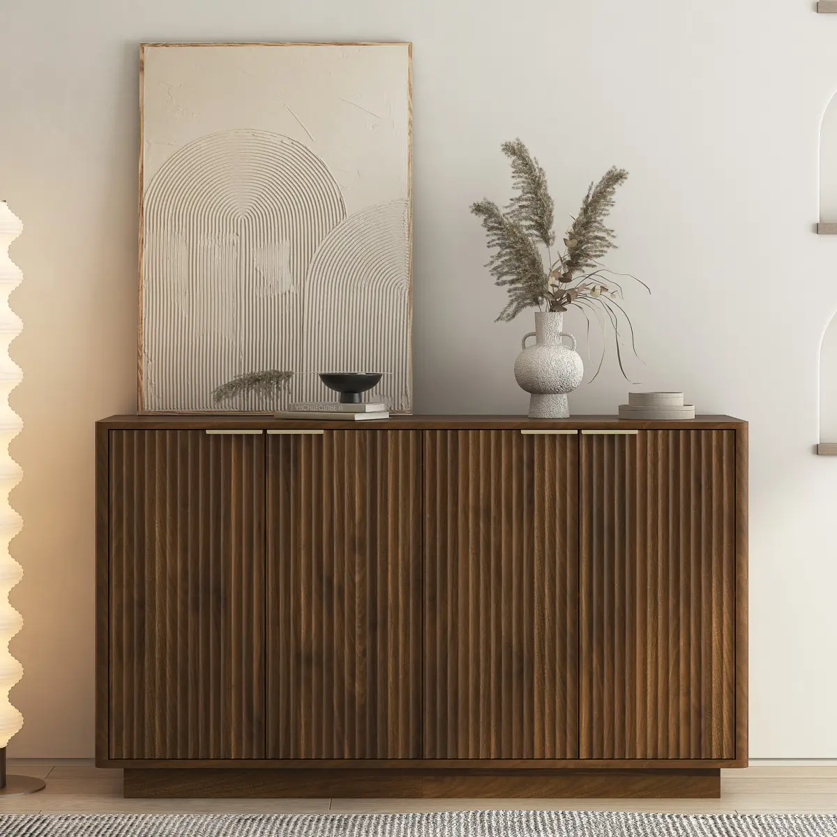 Wood Frame Art Deco Fusion Modern Fluted Buffet Cabinet - Collectibles Storage Credenza with Adjustable Shelves, 4 Large Spaces, Easy Assembly, Accent Console Table