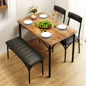 Summervibes Flash Sale Home Items, Space-Saving 4-Piece Dining Set for 4, Modern Rectangular Dining Table with Upholstered Bench and 2 Chairs, Compact Rustic Black Dining Room Furniture, Ideal for Apartment, Studio & Small Home