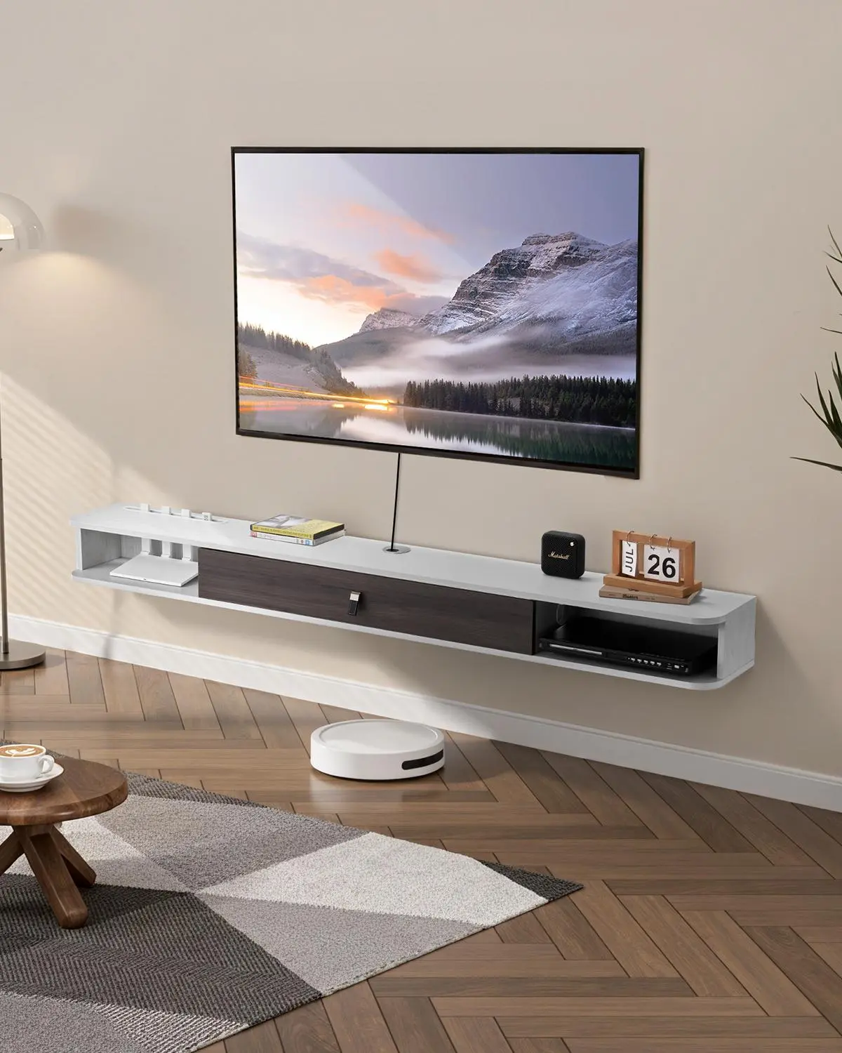 【SummerFinds】VEVOR 70-in Sturdy Floating TV Stand, Wall-Mount Entertainment Center with Cable Management Hole, Floating Shelves & Storage Cabinet, Easy-Install Particle Board Console for DVD Player, Wi-Fi Device, White