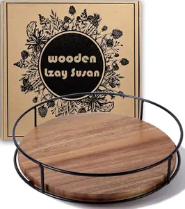9" Acacia Wood Lazy Susan Turntable, Kitchen Organizer Turntable with Steel Sides, 360 Degree Lazy Susan for Countertop Cabinet or Dining Table