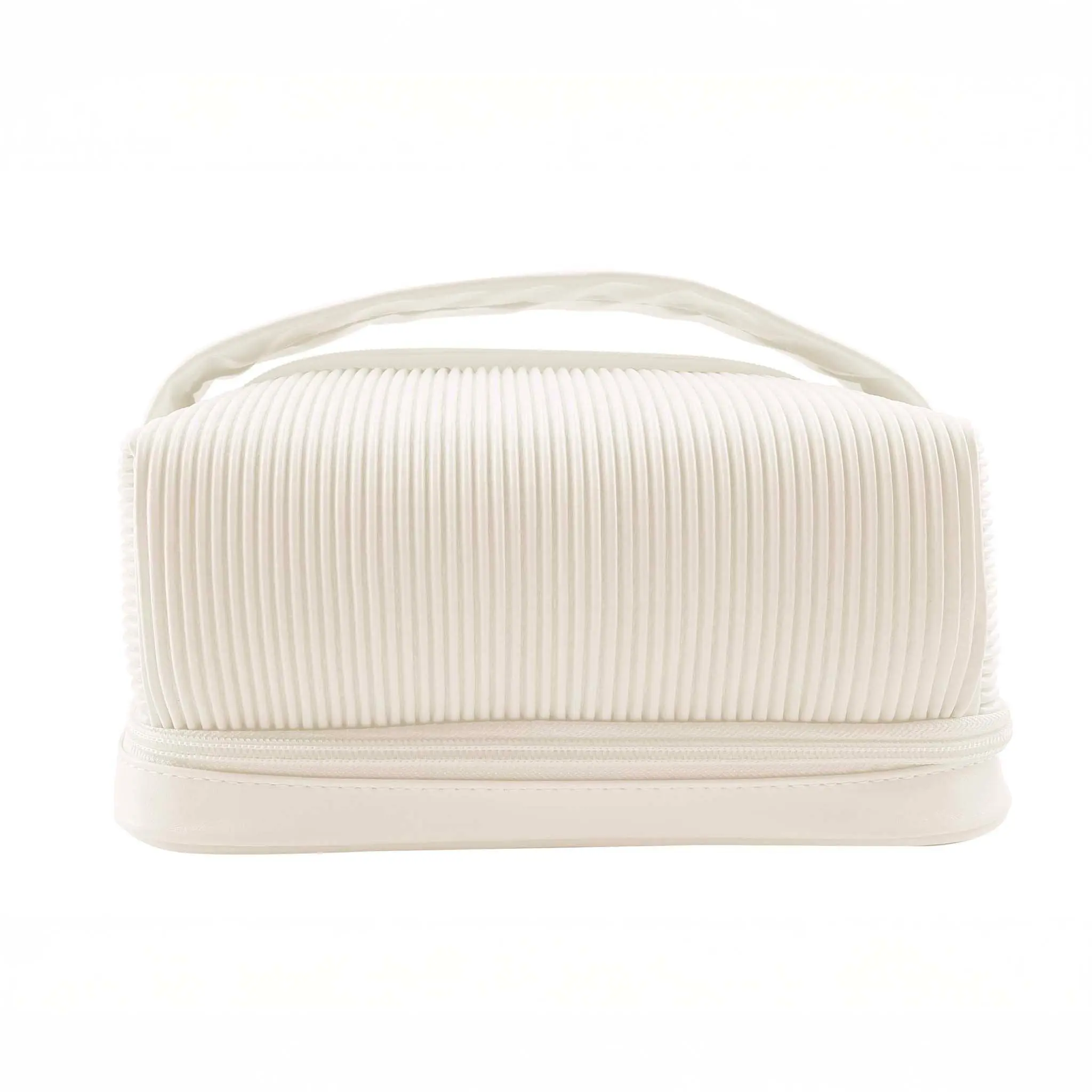 Valencia Quilted Faux Leather Travel Cosmetic Bag - Double-Layer Organizer with Bottom Brush Compartment, Top Handle, Pouch Function, Double Zipper, Vertical Quilting, Cosmetic Pouch