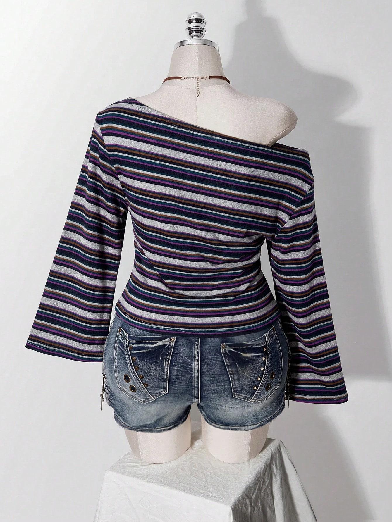 LALUZ Waist-Cinching Plus Size Knitted T-Shirt Asymmetrical Shoulder Y2K Vintage Long Sleeve Fall Top Trendy
