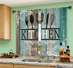 2 Panels Kitchen Curtains Rustic Teal Wooden Plank Utensil Print Farmhouse Window Drapes