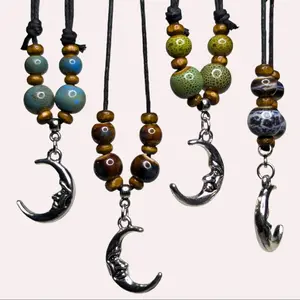 Crescent Moon Ceramic Beaded Silver Boho Hippie Whimsical Adjustable Black Rope Cord Choker Stacking Necklace