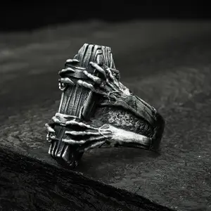 GTHIC Unisex Ghost Claw Coffin Stainless Steel Ring Punk Gothic Accessories For Rapper Biker Rider