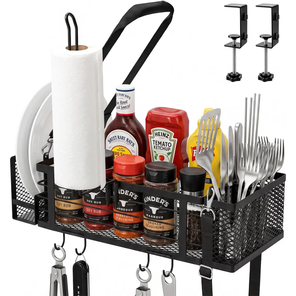 Grill Caddy for Blackstone Griddles, BBQ Organizer with Paper Towel Holder, Utensil Holder & Hooks, Outdoor Grill Storage Caddy for Condiments, Picnic Accessories Organizer, Camping & RV