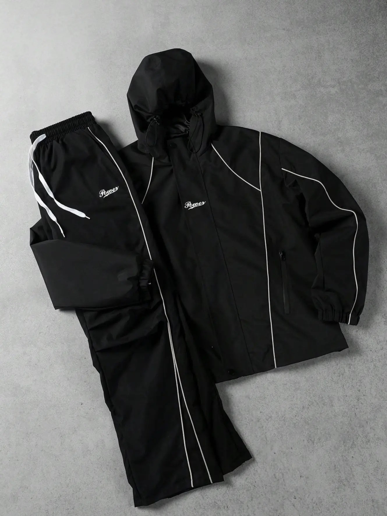 VIRAL Black Techwear Tracksuit Set | Y2K Reflective Piping Hooded Jacket & Pants