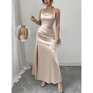 Elegant Champagne Color Fitted Cami Dress, Elastic Satin Fabric Side Slit Maxi Length