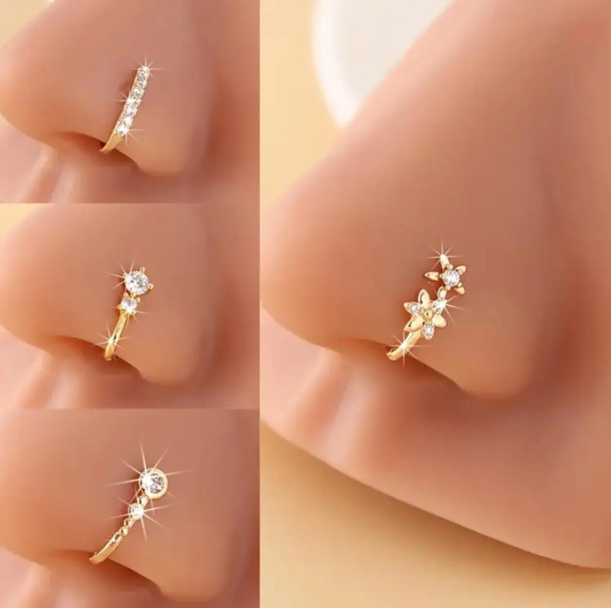 Women's 4PCS Fake Piercings Set - Crystal-Embellished U-Shaped Non-Piercing Nose Ring Clips, Fake Nose Cuffs, Flower Stud Earrings, Elegant Fashion Jewelry for Everyday, Party Wear