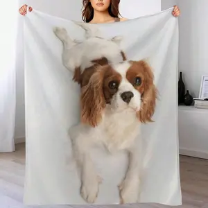 1pc Cavalier King Spaniel Dog Throw Blanket - Ultra-Soft Lightweight Flannel All-Season Couch Sofa Bedspread - Washable Cozy Blanket Pet Lovers, Home Decor - White Background Pet Portrait, Contemporary Flannel, Durable Comfort