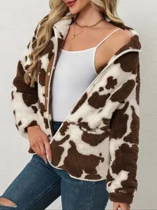 Women's Fall Winter Fashion Casual Cow Print Long Sleeve Sherpa Jacket Coats Womenswear, Warm Buttoned Outerwear, Slim-Fitting Style, Fitted