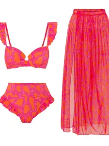 Three-piece Set Women's All Over Print Bikini Set, Ruffle Trim Swim Top & High Waist Swim Bottom & Split Thigh Cover Up Skirt Set, Three-piece Swimsuit for Beach Holiday Vacation