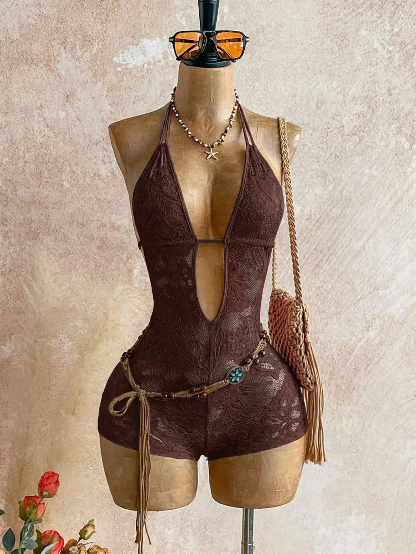 ZESTIVA Halter romper sexy lace deep v-neck going out clubwear