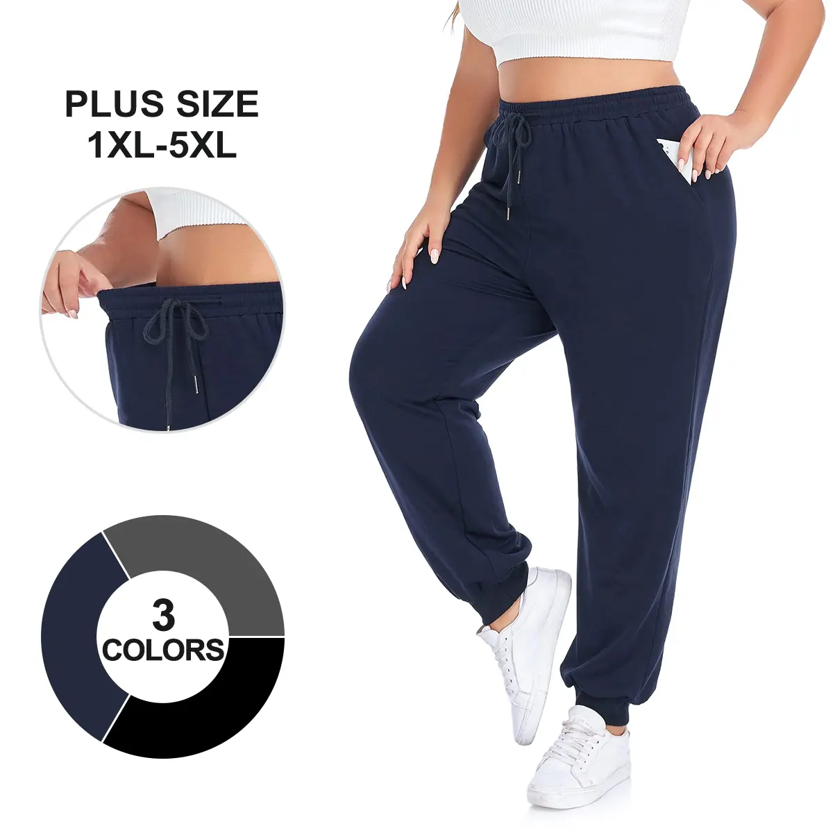 COOTRY Women's Plus Size Athletic Sports Joggers - Ultra Soft Solid High-Stretch Loose-Fit Polyester Mix Trousers, Adjustable Elastic Drawstring Waist, Side Pockets, for Yoga, Leisure, All Seasons, Female Tracksuit Pants, Fitness Trousers, Workout Jogger