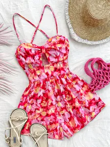 Women's Floral Print Cut Out   Romper, Casual Sleeveless Romper for Summer, Fashion Women's Clothes for Beach Holiday Vacation